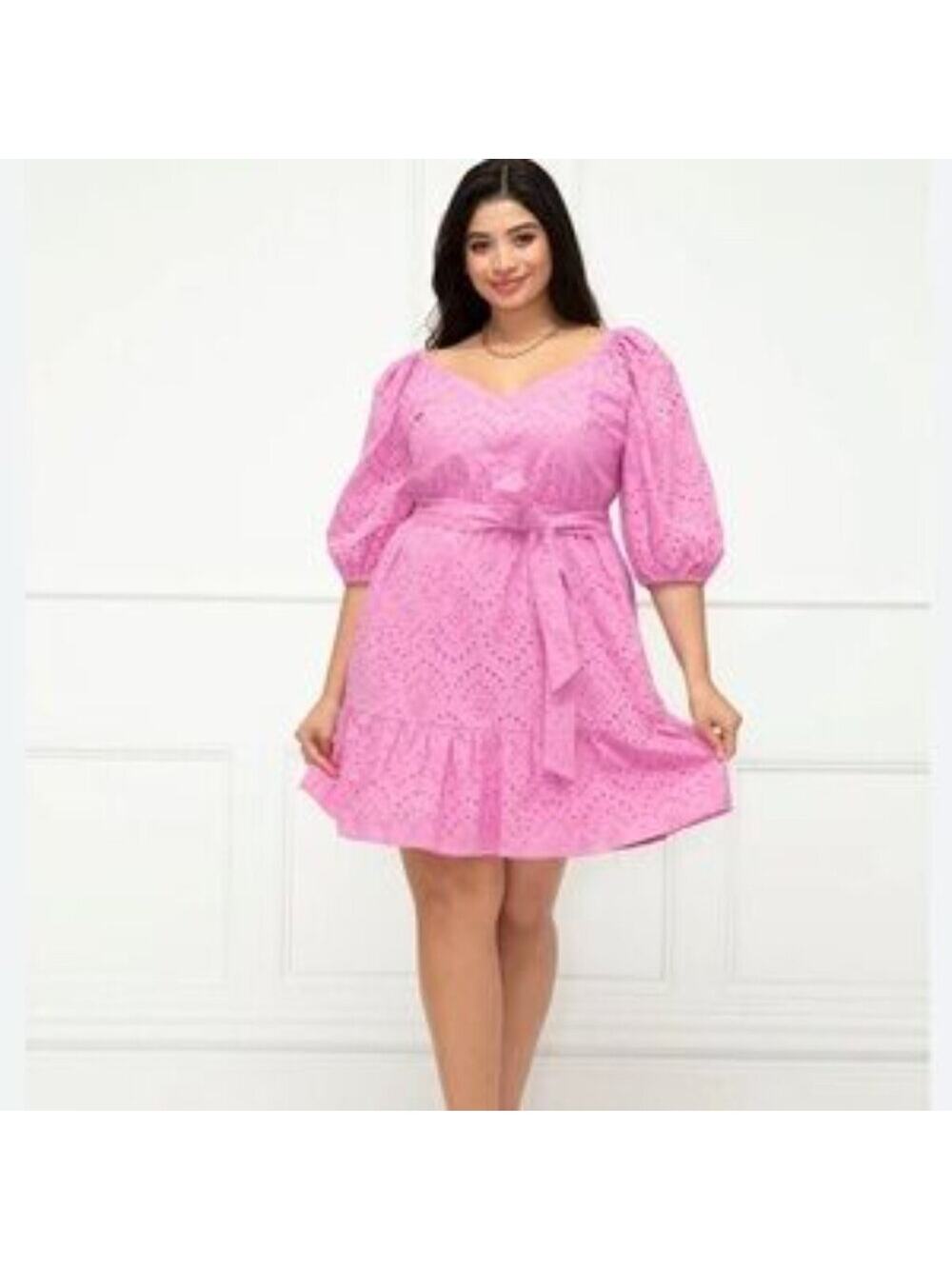 ELOQUII Elements Women’s Belted Eyelet Dress Puff Sleeve Mini Dress Plus Size 18